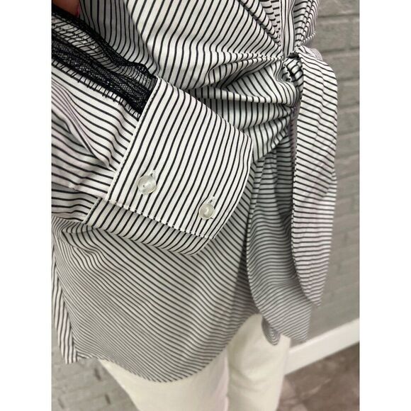 Worthington Women Black White Striped Long Sleeve Front Tie Shirt Size M - Picture 8 of 9